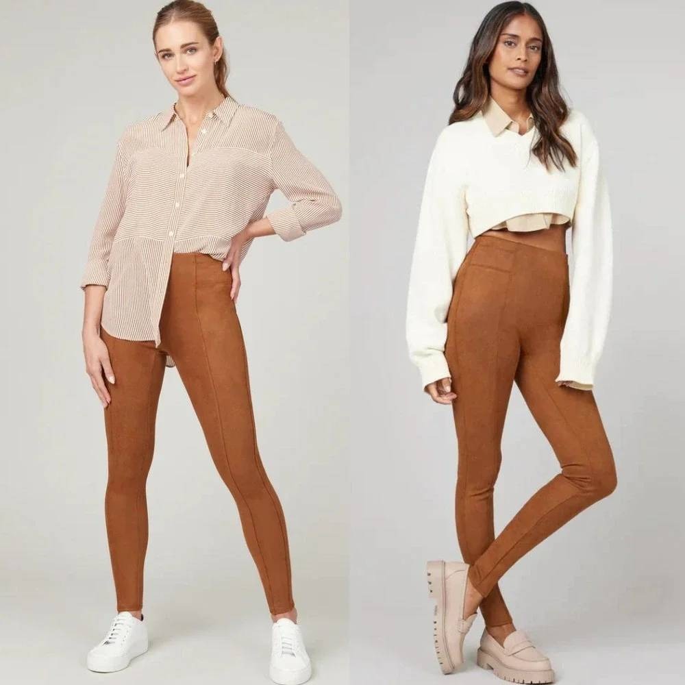 SPANX Faux Suede Leggings Womens Large Rich Caramel High Rise Tummy Control Pant